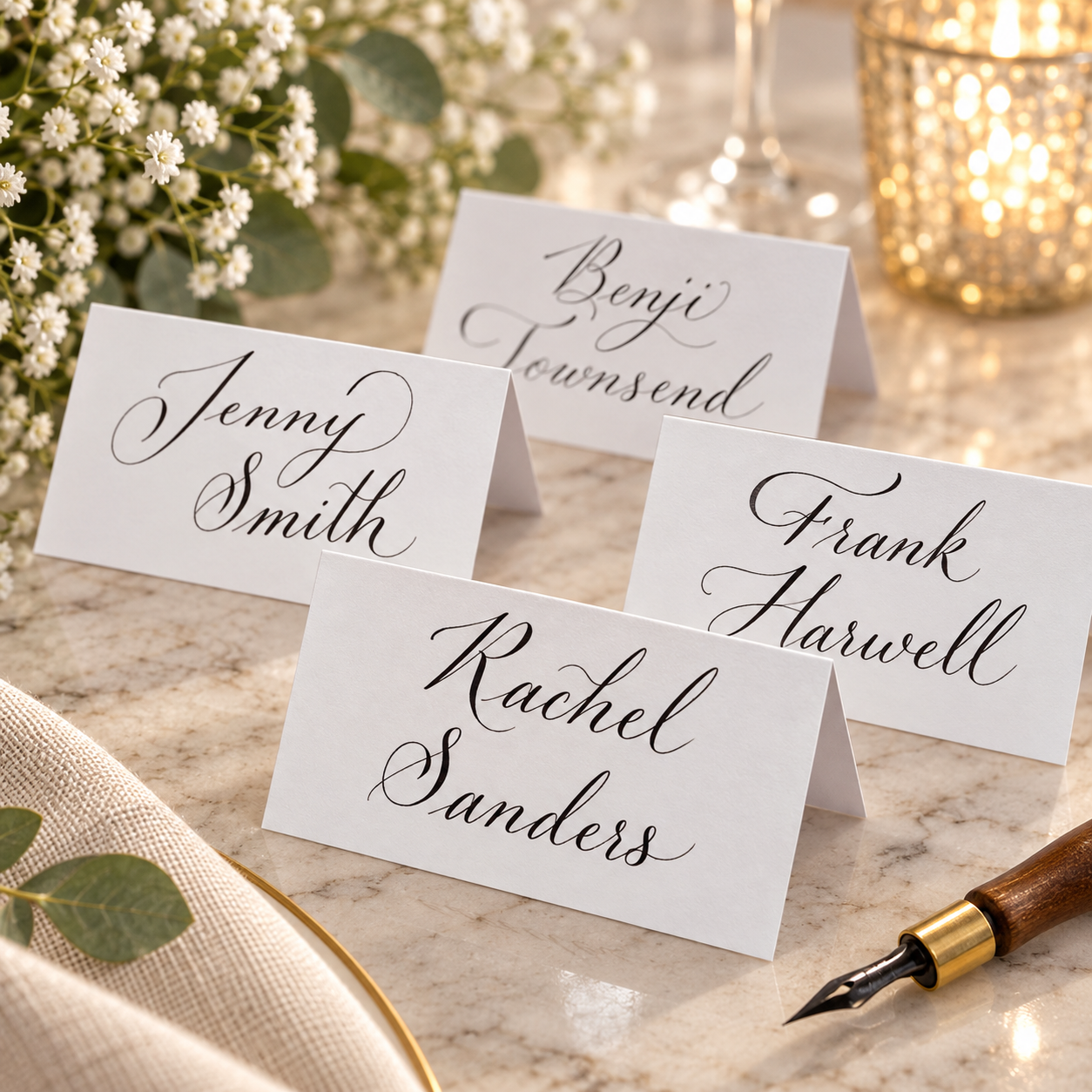 Handwritten place card at a candlelit table setting