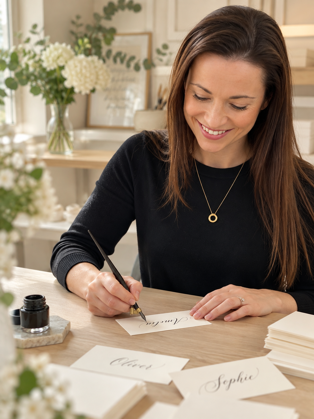 Calligrapher writing by hand at a wooden desk