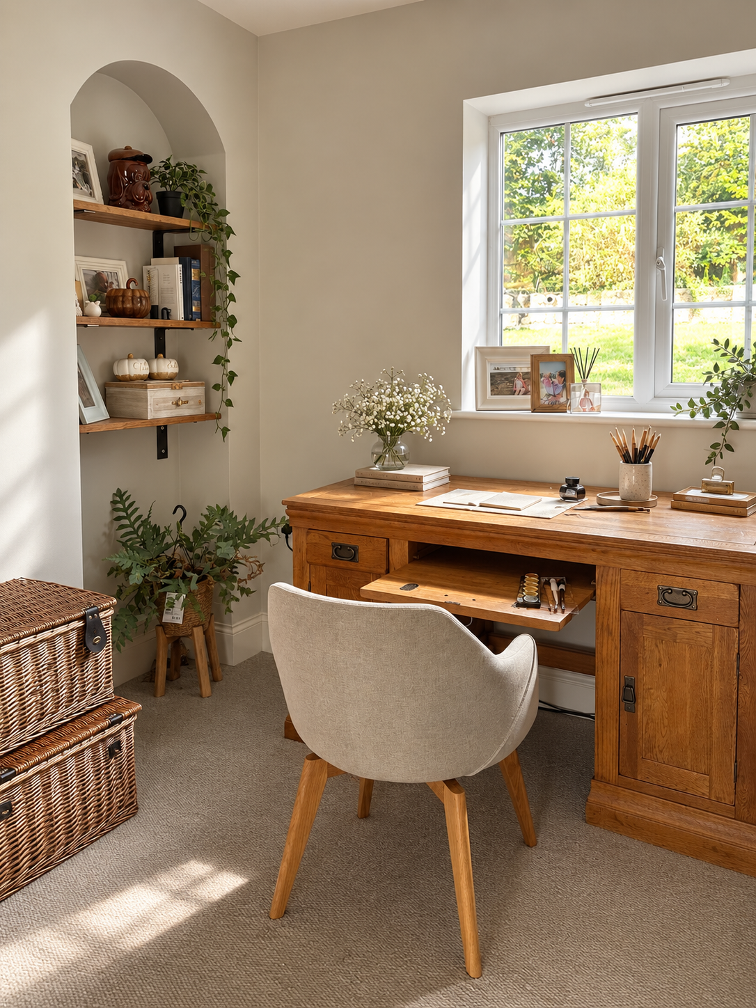 The Wild Rose studio: a wooden calligraphy desk in a quiet, sunlit room